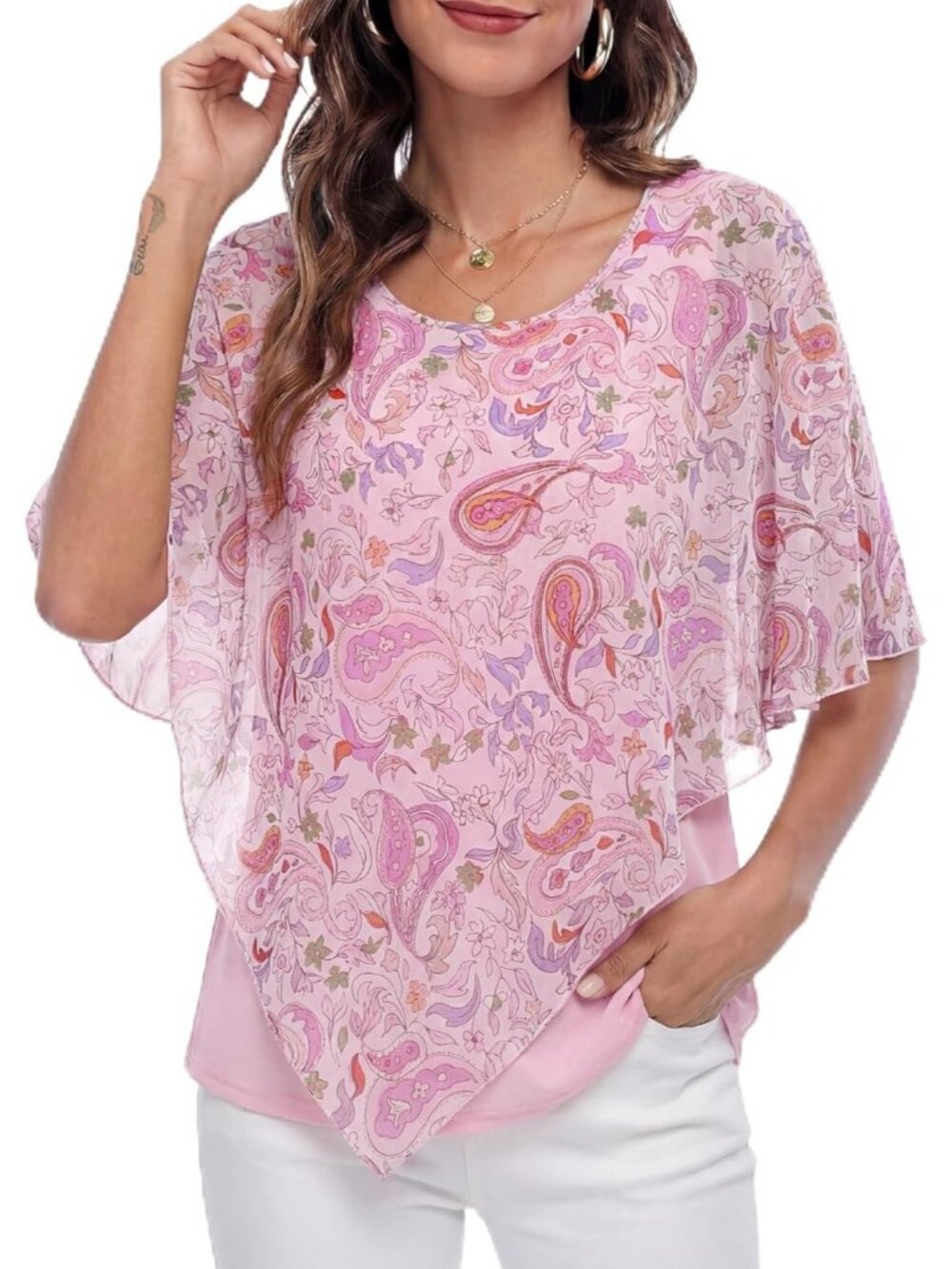 Women's Multi Pink Elegant Lightweight Flowy Shirt Double Layered Printed Top